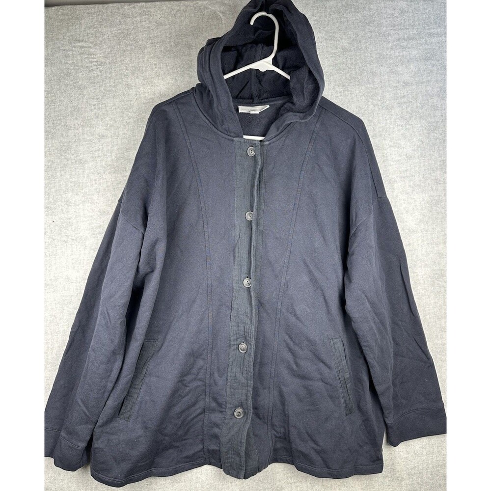 Pure Jill Blue Gray Organic Cotton Button Front Shacket Hooded Sweater Plus 2X